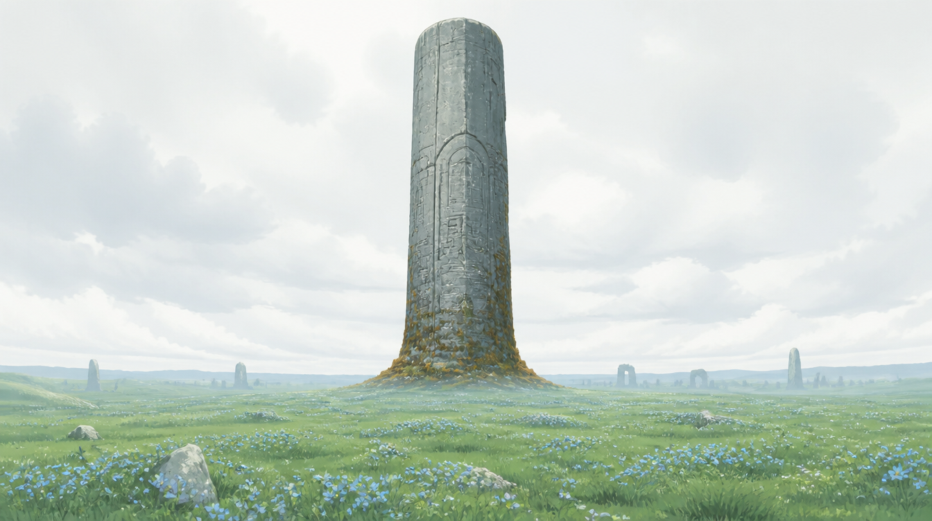 An open plain. Blue flowers among the grass.